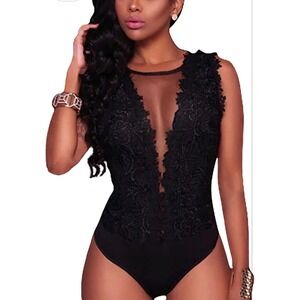 Womens Black Floral Lace Mesh Sheer V-Neck Sleeveless Bodysuit Top Lingerie